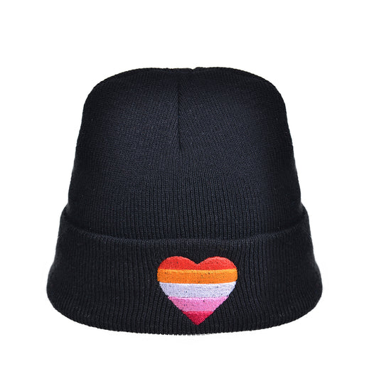 Lesbian Pride Beanie Hat With Embroidered Love Heart In Lesbian Flag Colours.