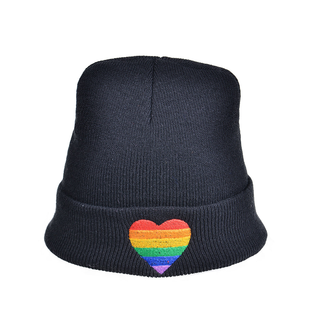 Gay Pride Beanie Hat With Embroidered Rainbow Heart. LGBTQ+ Beanie Hat.