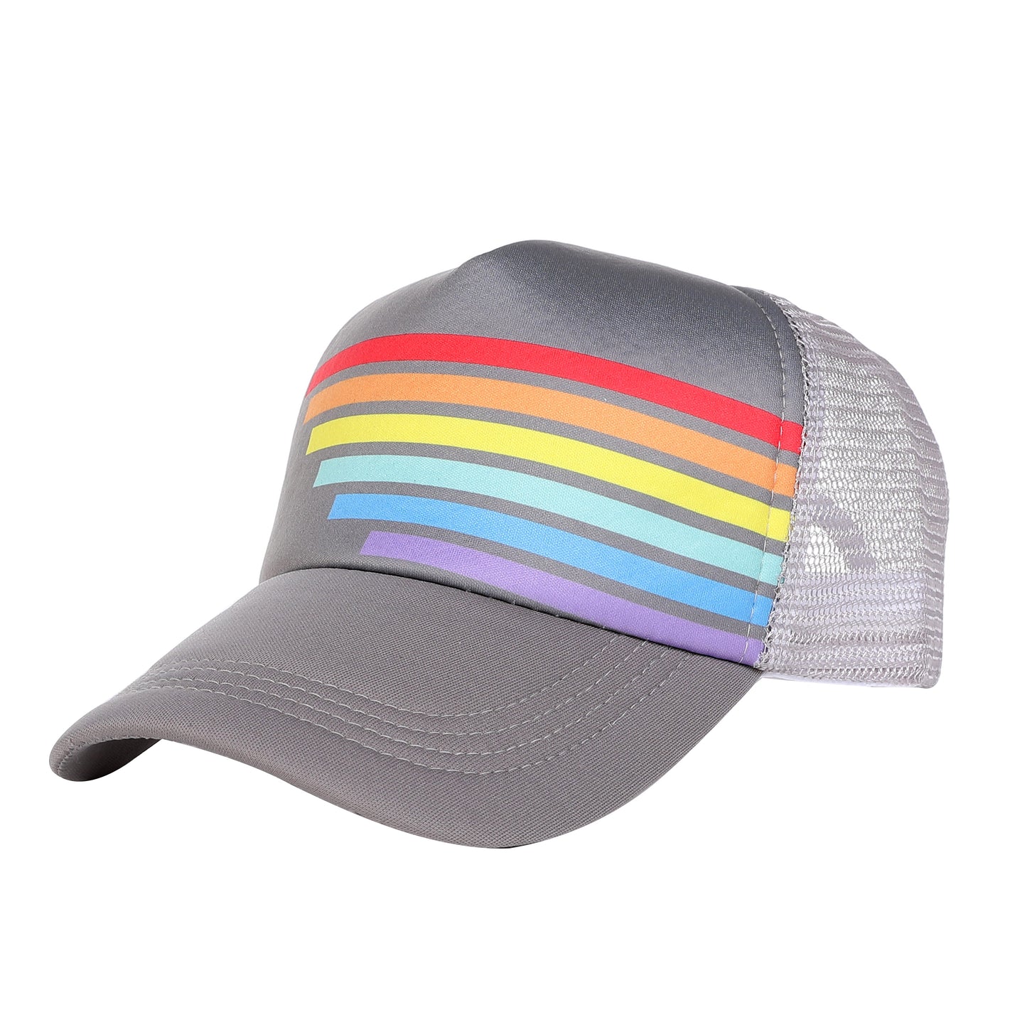 Gay Pride Truckers Cap in Grey With Rainbow Stripes.