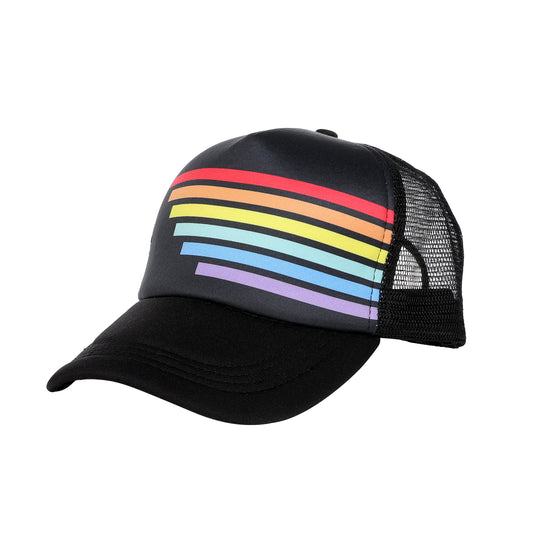 Gay Pride Truckers Cap In Black With Rainbow Stripes.