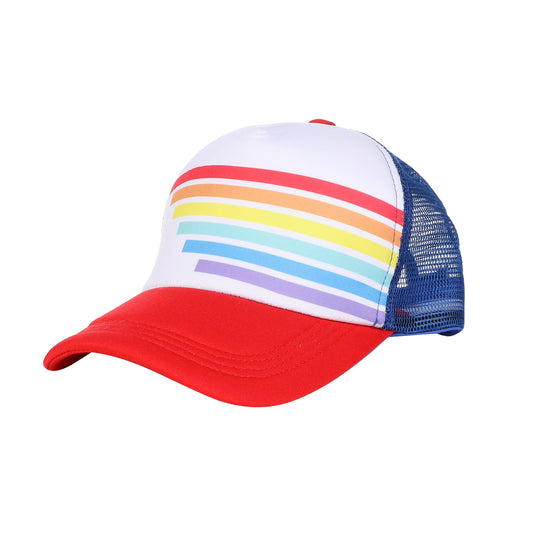 Gay Pride Truckers Cap in Red White and Blue With Rainbow Stripes