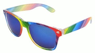 Gay Pride Striped Sunglasses Blue Lens. LGBTQ+ Rainbow Wayfarer Sunglasses