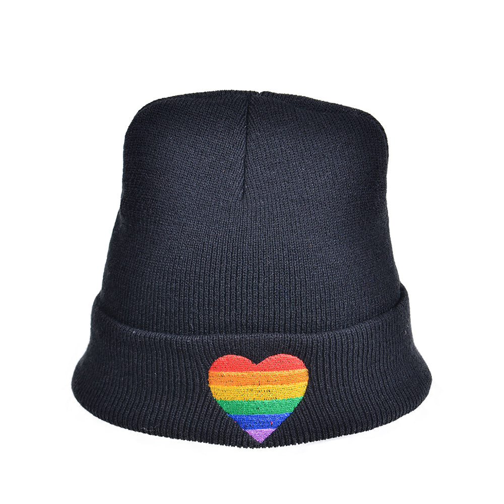 Gay Pride Beanie Hat With Embroidered Rainbow Heart.  LGBTQ+ Beanie Hat.