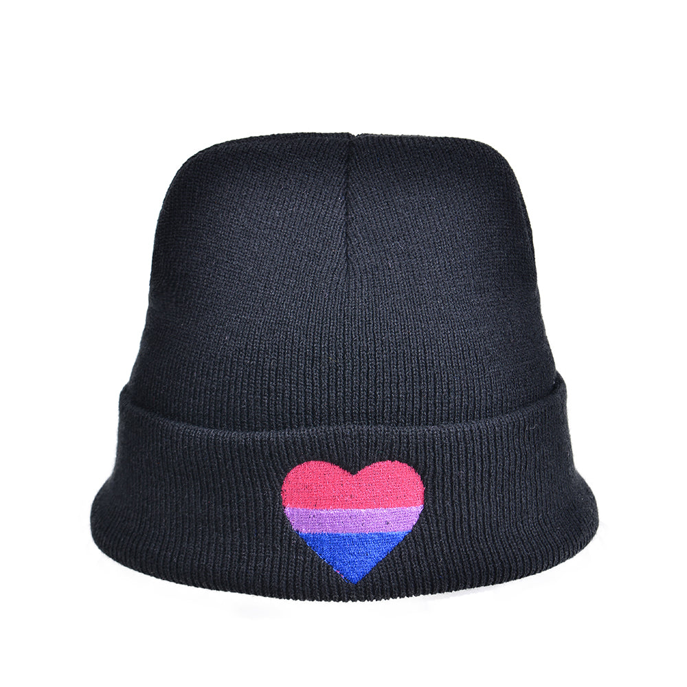 Bisexual Pride Beanie Hat With Embroidered Heart in Bisexual Flag Colours.