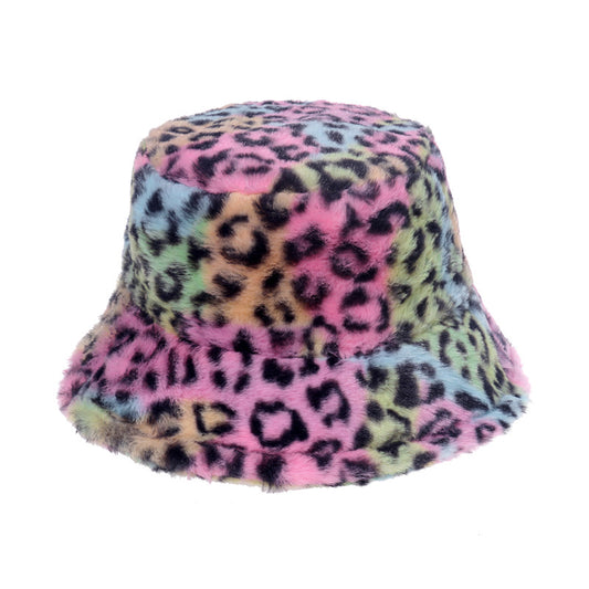 Rainbow Leopard Bucket Hat Faux Fur, Rainbow Pride Faux Fur Hat