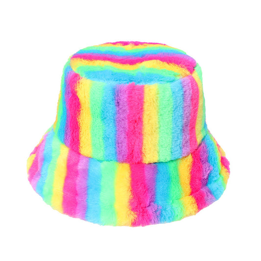 Fluffy Warm Rainbow Bucket Hat